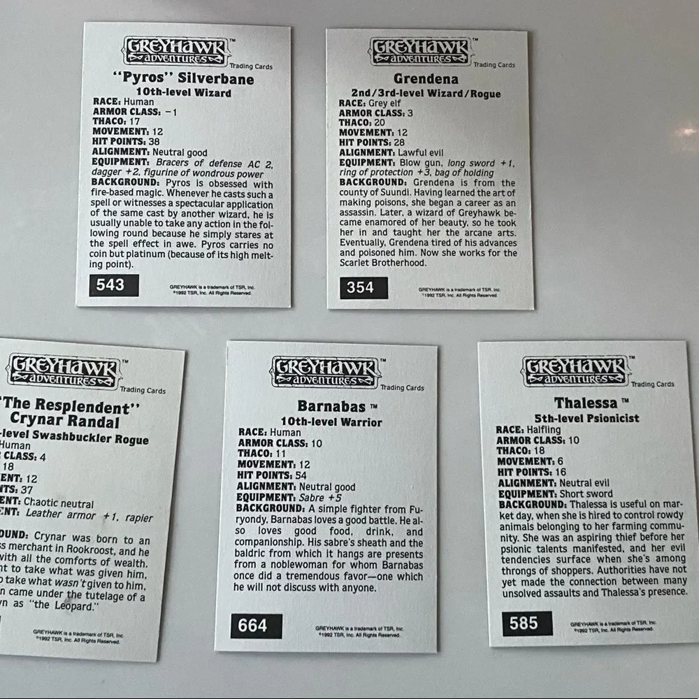 Vintage Dungeons and Dragons Grayhawk adventure trading cards